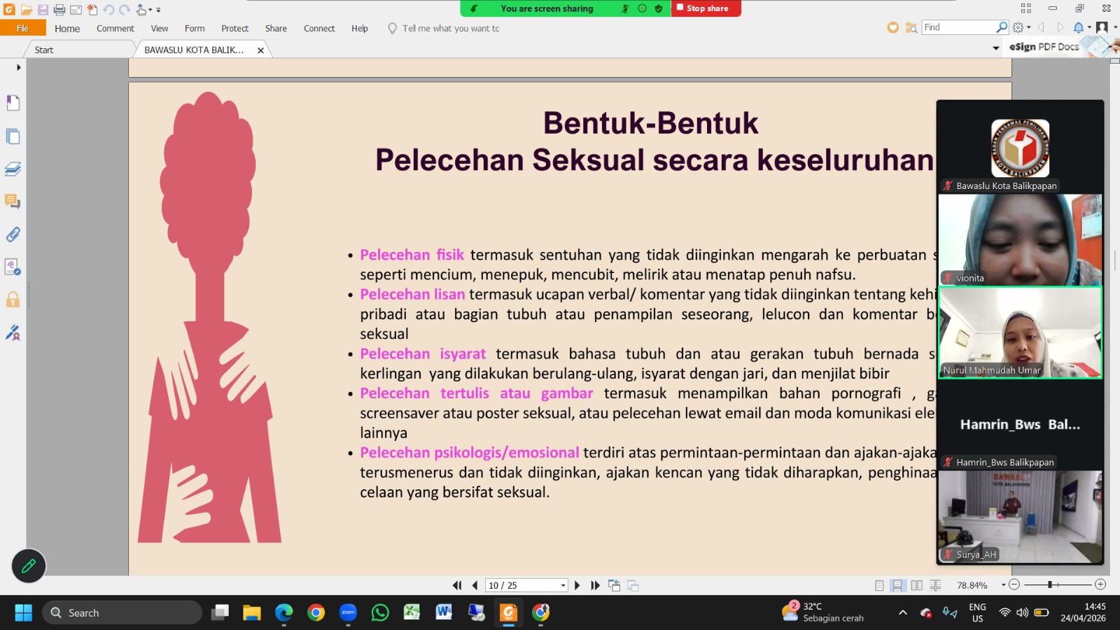  Pemaparan Nurul Mahmuda Umar, M.Psi (Psikolog PUSPAGA Balikpapan) kepada jajaran Bawaslu Kota Balikpapan via zoom.